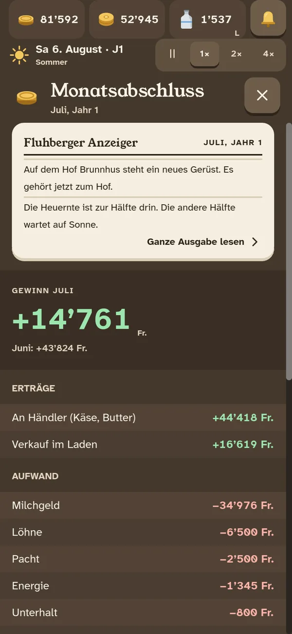 Screen aus dem Spiel: Der Monatsabschluss: 14’761 Franken Gewinn im Juli.