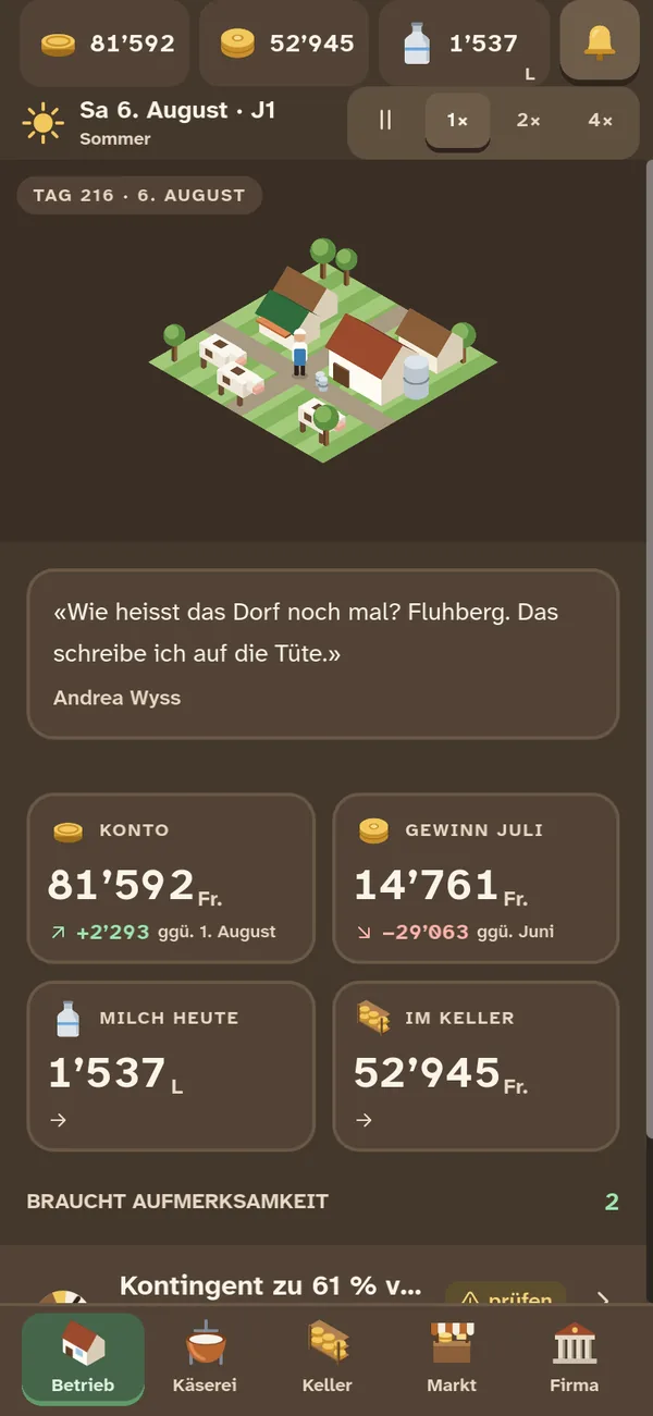 Screen aus dem Spiel: Die Übersicht: Tag 216, das Dorf und deine Zahlen.