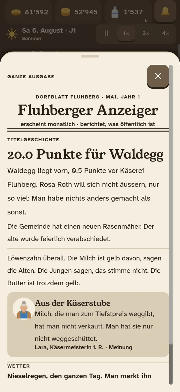 Screen aus dem Spiel: Das Dorfblatt erscheint jeden Monat und berichtet, was im Tal öffentlich ist.